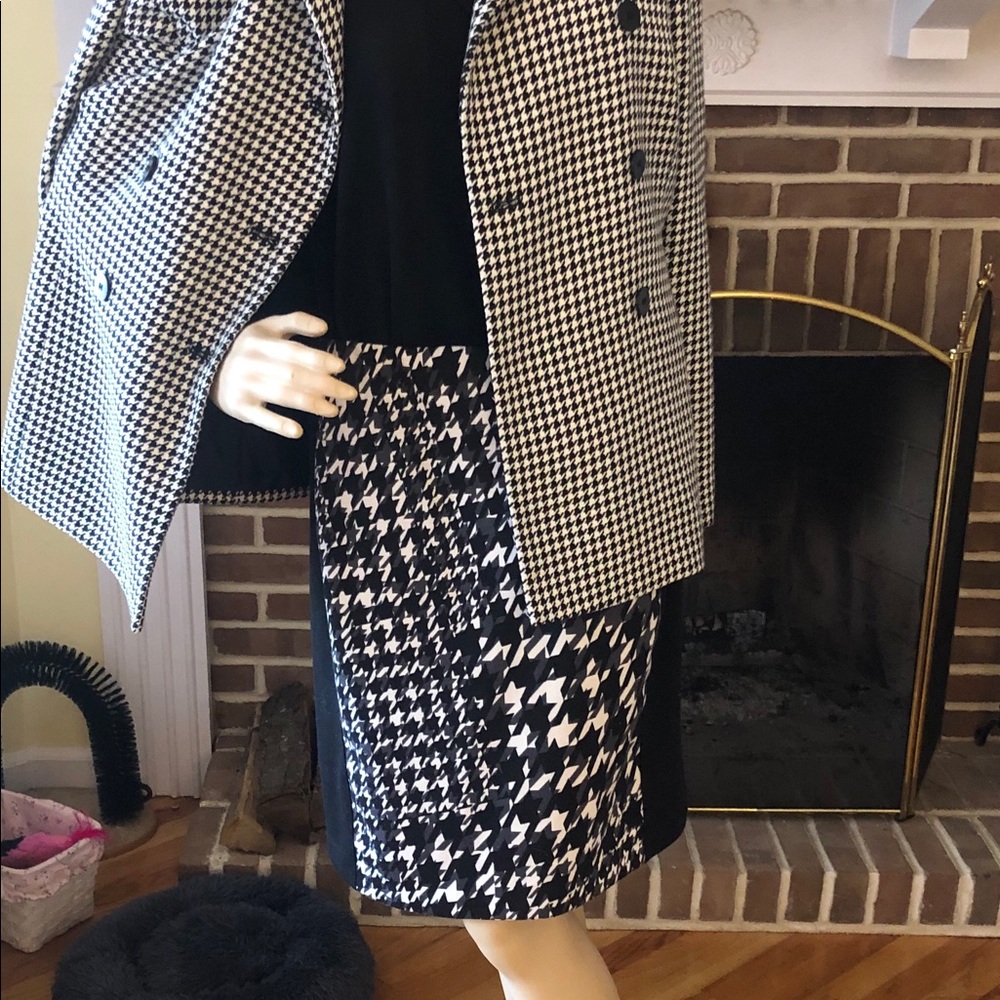 Houndstooth print and black skirt